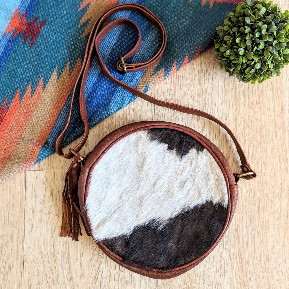 Genuine Leather and Cowhide Round Crossbody Bag - Brown